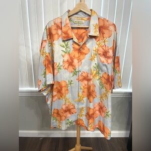 Tommy Bahama 100% Silk Hawaiian Shirt Orange Floral On Blue Background